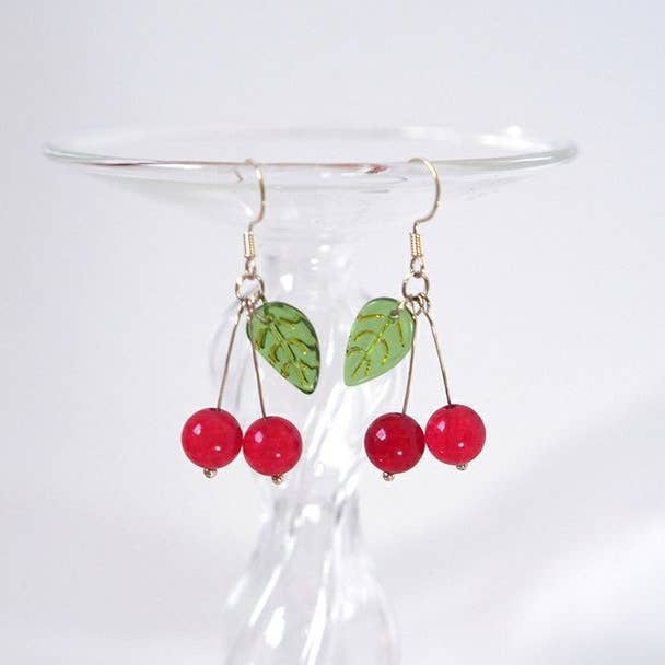 Haengseongworkshop - Wholesale Dangle Earrings - S925 Cherry Fruit Dangle 8mm Red Jade 15mm Leaves Earrings