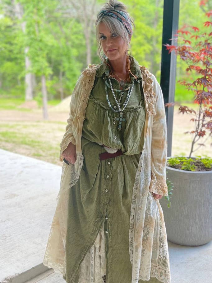 Jaded Gypsy - Venta al por mayor Kimono - Mujer - Plumero Evening Waves - Vintage Olive0