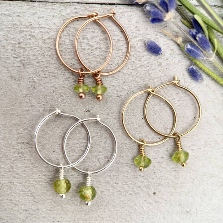 Green Peridot Charm Hoop Earrings for wholesale by Sunlight Silver Jewelry