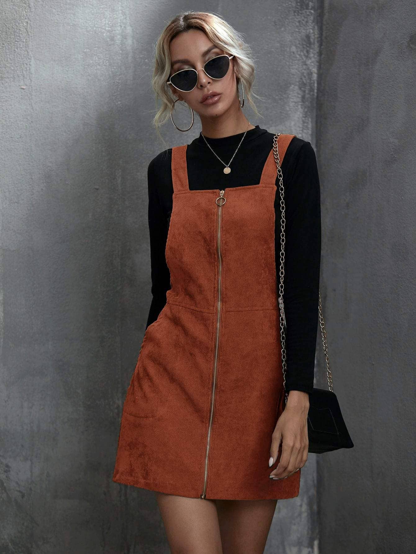 Queen Fashion - Wholesale Blouse - Women's - corduroy o ring zipper mini overall dress1