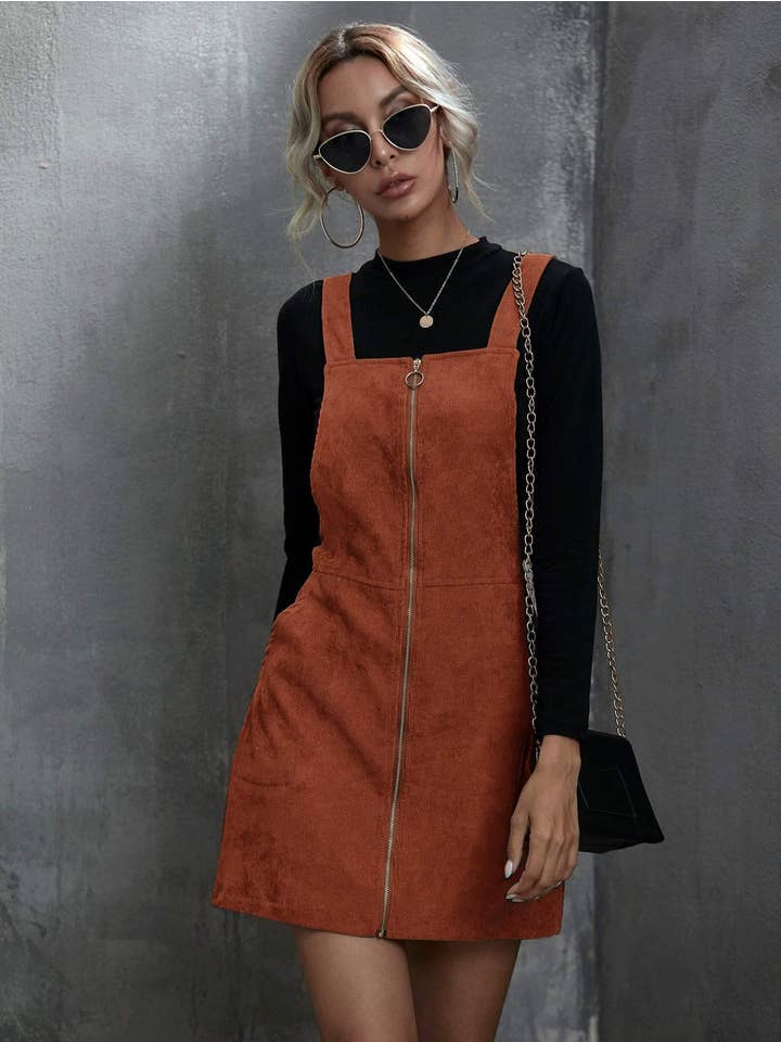 Queen Fashion – wholesale Blouse – Women’s – corduroy o ring zipper mini overall dress1