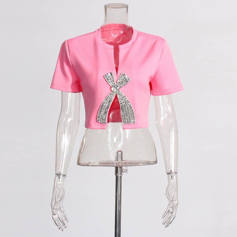 Productseeker - Wholesale Blouse - Women's - TP005 New Diamond Sequined Bow Cropped Top T-shirt22