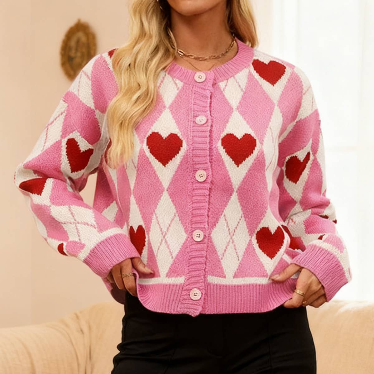 Lily Clothing - Wholesale Cardigan - Women's - Valentine's Day heart-shaped knitted cardigan0