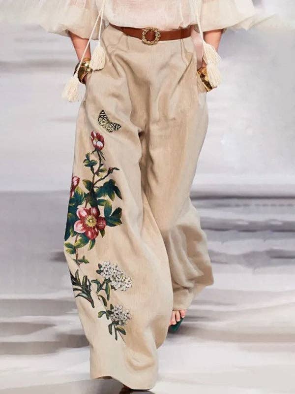 KHAKI Højtaljede løse bukser med blomsterprint og lommer for engroshandel på Faire6