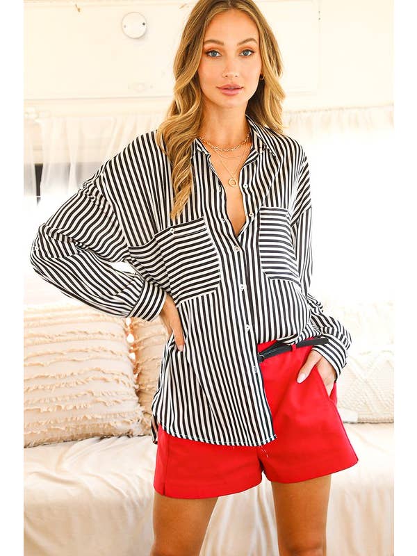 Vine & Love - Wholesale Button Down Shirt - Women's - Collar Neckline Pocket Detail Striped Satin Shirt VT8131423