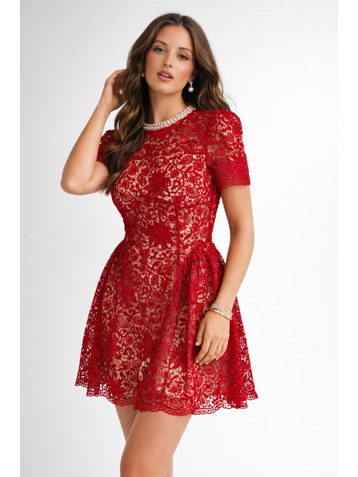 Rød YD5057 Pyntet Blonde Fit & Flare Mini Kjole for engroshandel på Faire1