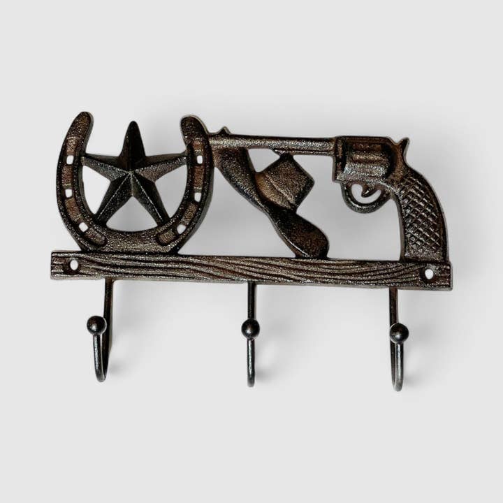 Iron & Blossom - Wholesale Wall Hook - Frontier Cast Iron Cowboy Hook - Star, Horseshoe & Revolver Accent1