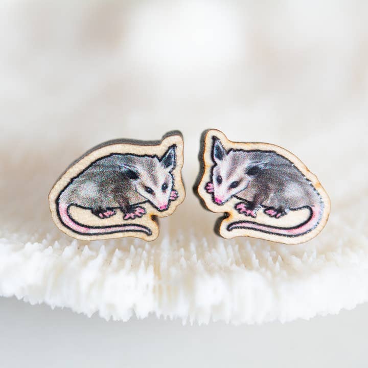Opossum Wooden Earrings, Possum Titanium Eco Studs for wholesale by The Slug And Kraken