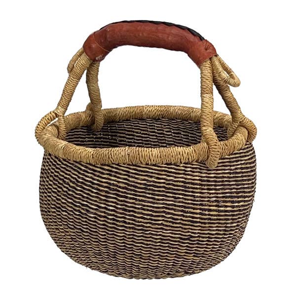 African Market Baskets - Wholesale Basket - African Bolga Baskets : Navy/Nat. Mini w/Leather (G-149AN+)3
