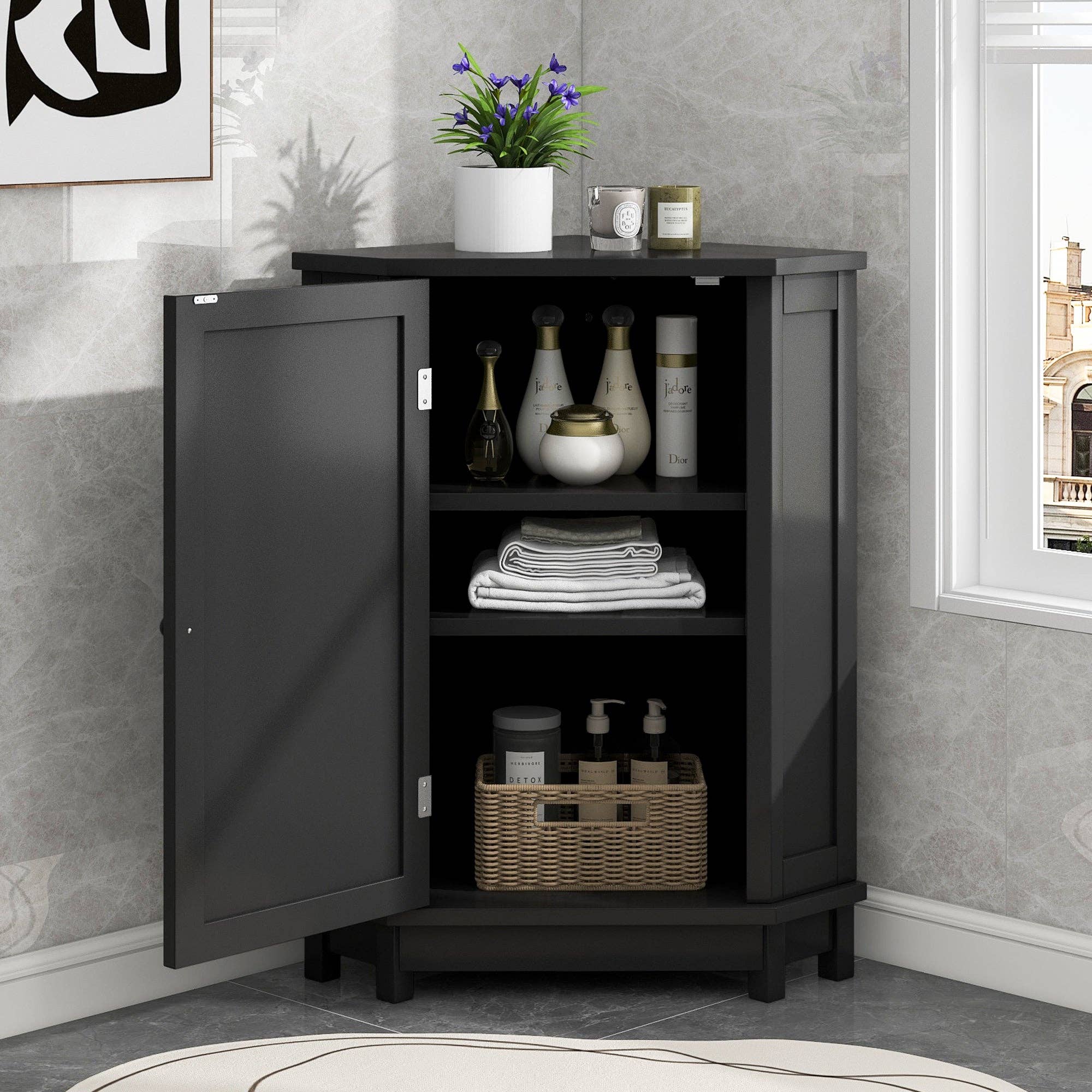 Orange County Decor - Wholesale Cabinet - Black Bathroom Cabinet Triangle Corner Storage Cabinet With Adjustable Shelf Modern Style Mdf Board Black Mdf3