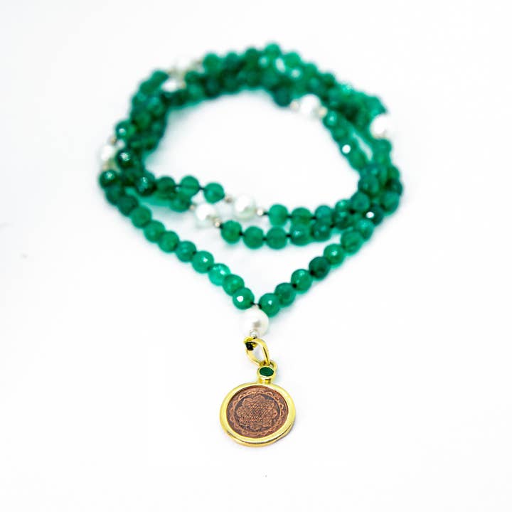 Sri Yantra Japa Mala- Green Onyx & Pearl Counterbead for wholesale by The sattva collection