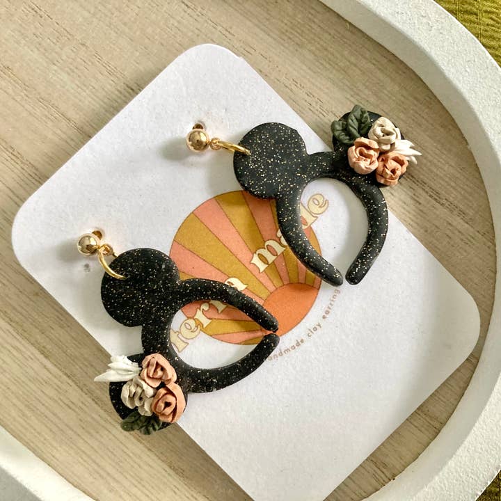 Terra Made - Wholesale Dangle Earrings - Glittery black floral Mickey ears dangle earrings2