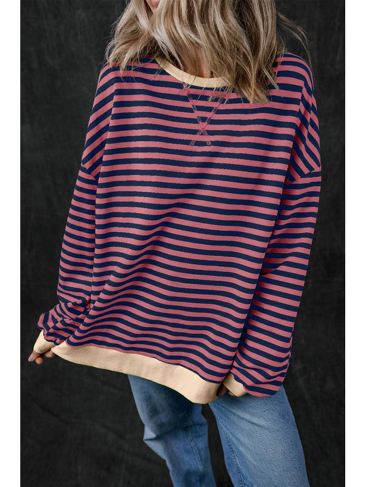 Amaryllis Apparel - Wholesale Sweatshirt - Women's - Stripe Oversized Contrast Trim Pullover Sweatshirt19