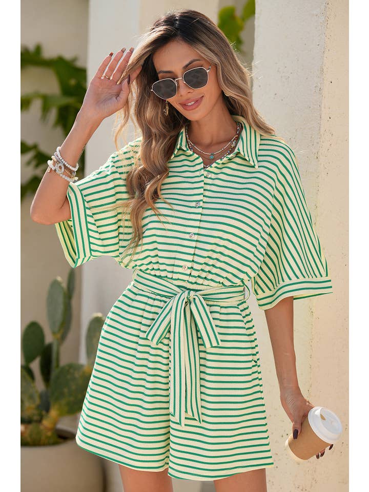 Green LDC Stripe Textured Collared Buttoned Waist Tie Romper for wholesale on Faire