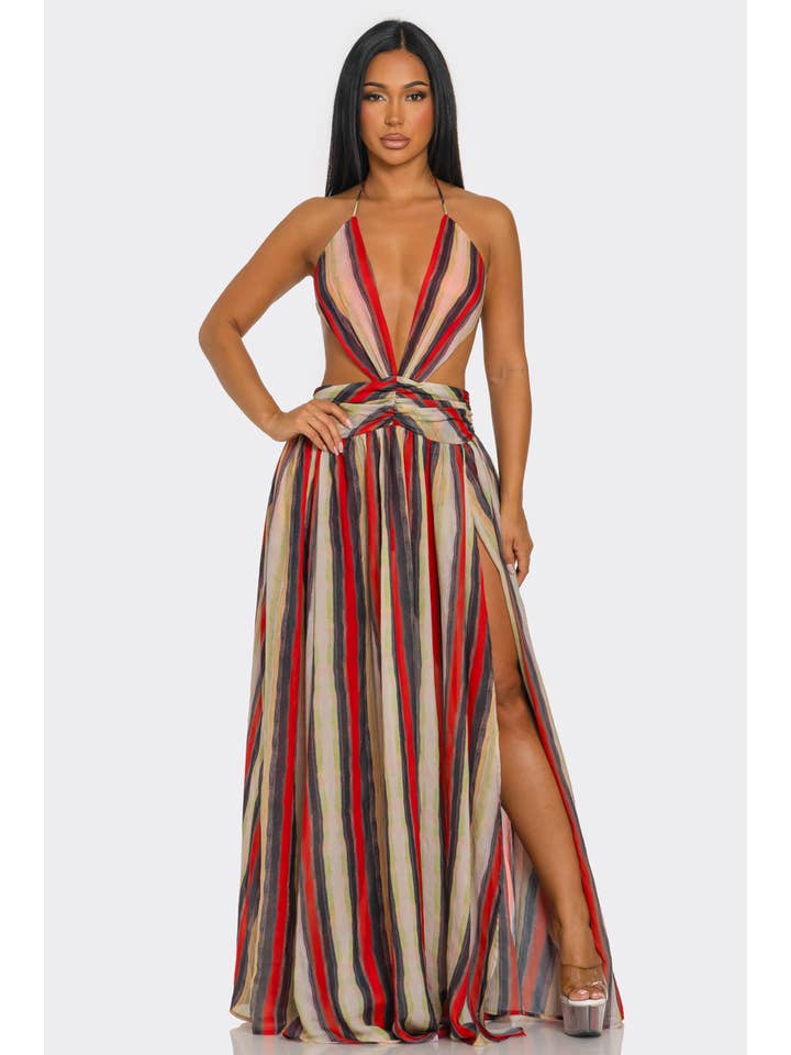 BANJUL - Wholesale Dress - Women's - HCCD13841 & HALTER-NECK, CORSET-STYLE, HIGH-SLIT MAXI DRESS