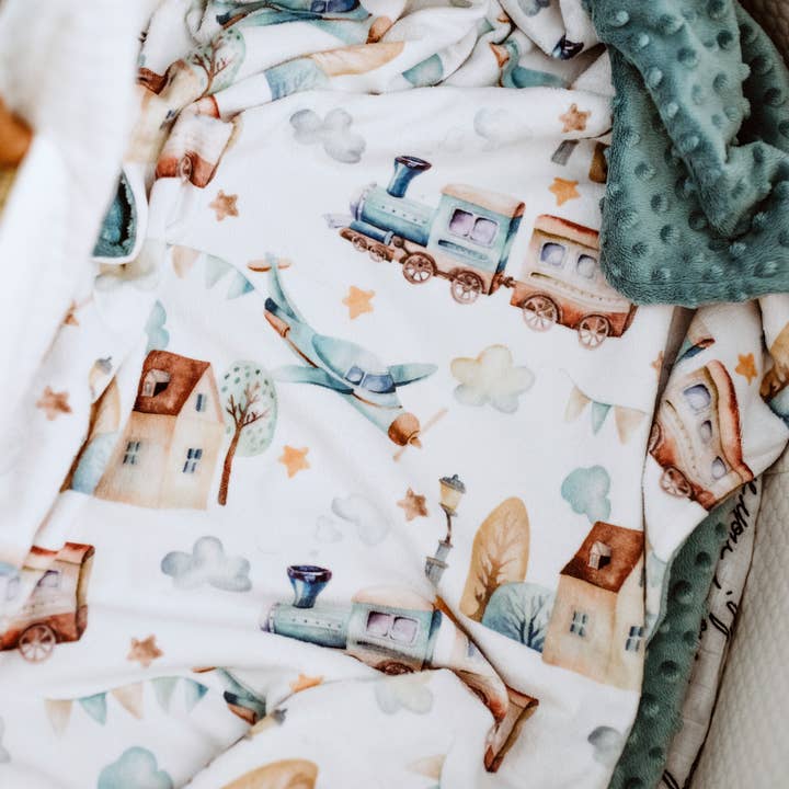 Coperta Minky Premium per neonati e bambini piccoli - Aerei, treni, auto per la vendita all'ingrosso da parte di Honey Lemonade- Minky Baby Blankets and Gifts