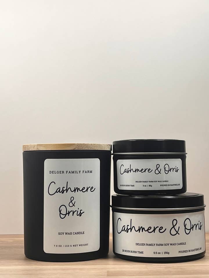 Cashmere & Orris Soy Candle | Clean Fragrance Farmhouse Candle for wholesale by Delger Family Farm