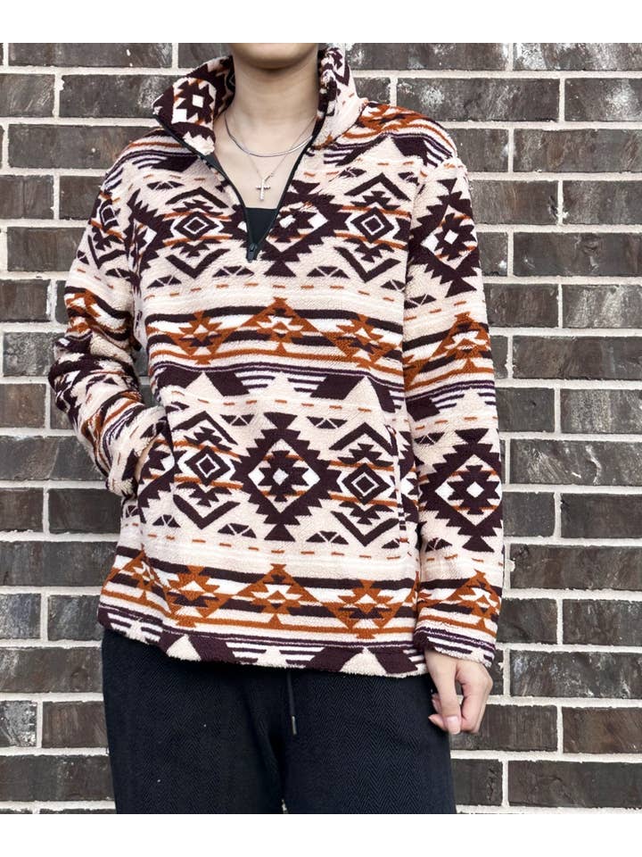 DESHENG ENTERPRISE - Wholesale Sweatshirt - Women's - WESTERN TRIBAL SHERPA PULLOVER TOP BLOUSE 1