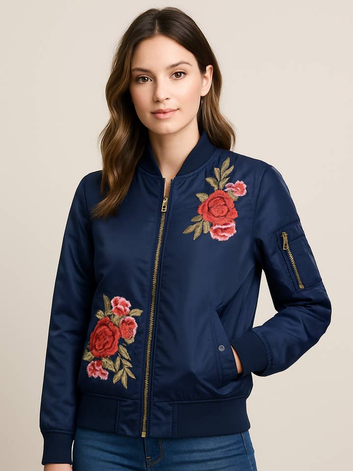 Blommiga Lappar Marinblå Bomberjacka för wholesale av Moving Forward Designs