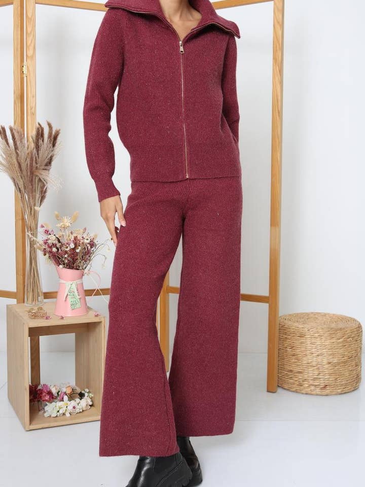 DIX-ONZE - Wholesale Top & Pant Set (NOT Loungewear) - Women's - Zipped Knit Set – Wide Collar Jacket & Straight Pants20