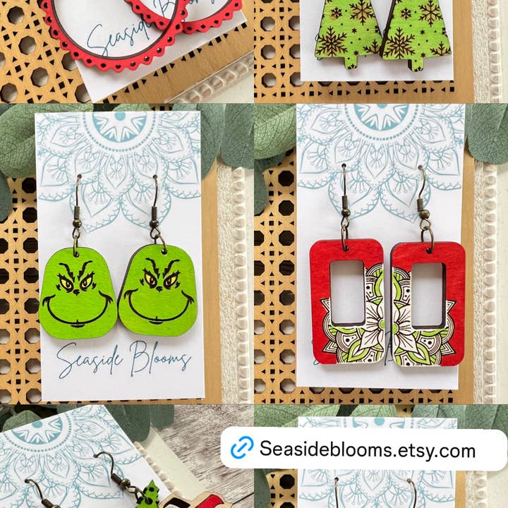 Seasideblooms – wholesale Dangle earrings – Christmas vacation hand painted lightweight maple wood 3