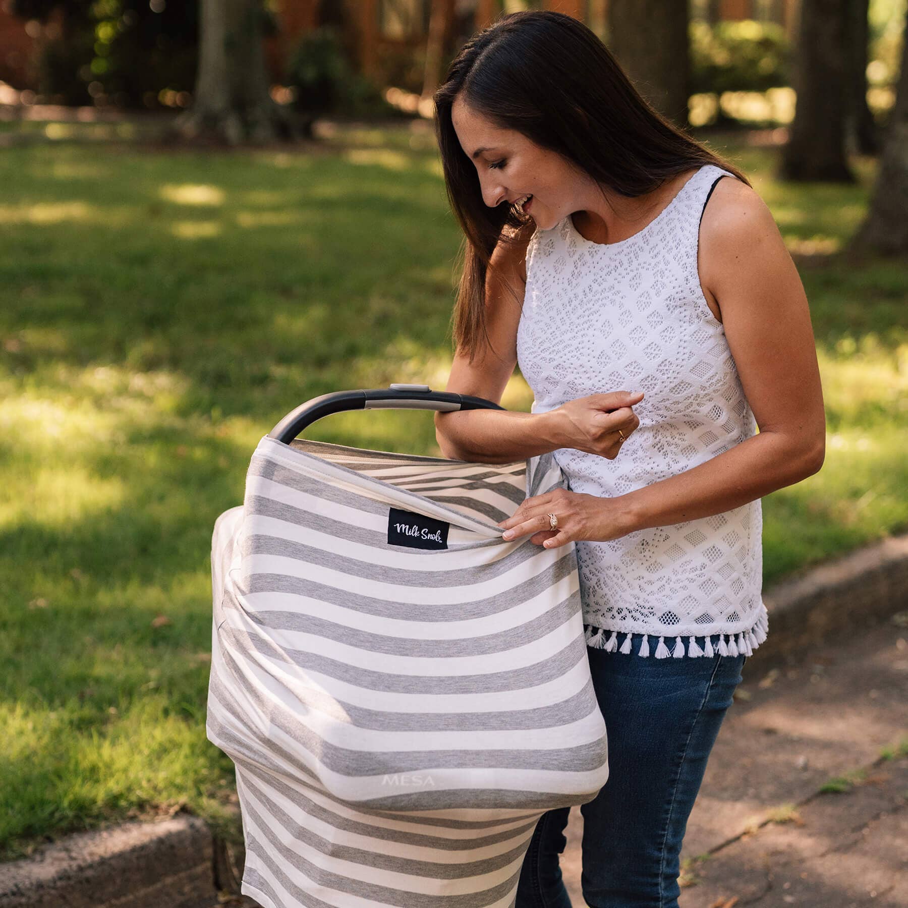 Milk Snob - Wholesale Car Seat Cover - Kids & Baby - Original 5-in-1 Multifunctional Cover Cream & Grey Stripe1