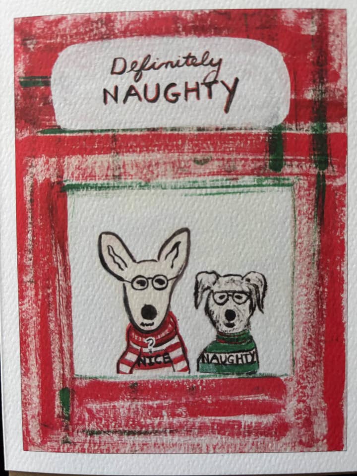 Definitely Naughty funny terrier dogs Christmas holiday card for wholesale by Bernie Street Studios