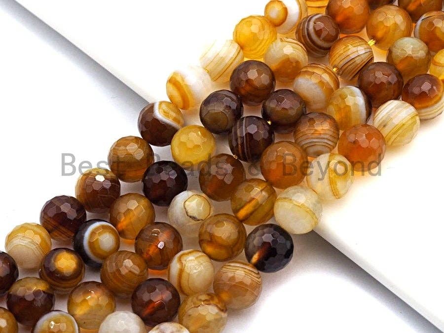 BestBeads&Beyond - Wholesale Beads - High Quality Faceted Brown Yellow Banded Agate beads, 6mm/8mm/10mm/12mm Yellow Agate Gemstone beads, 15.5inch strand, SKU#U4502