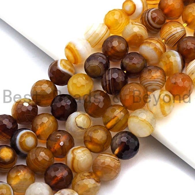 BestBeads&Beyond - Wholesale Beads - High Quality Faceted Brown Yellow Banded Agate beads, 6mm/8mm/10mm/12mm Yellow Agate Gemstone beads, 15.5inch strand, SKU#U4502