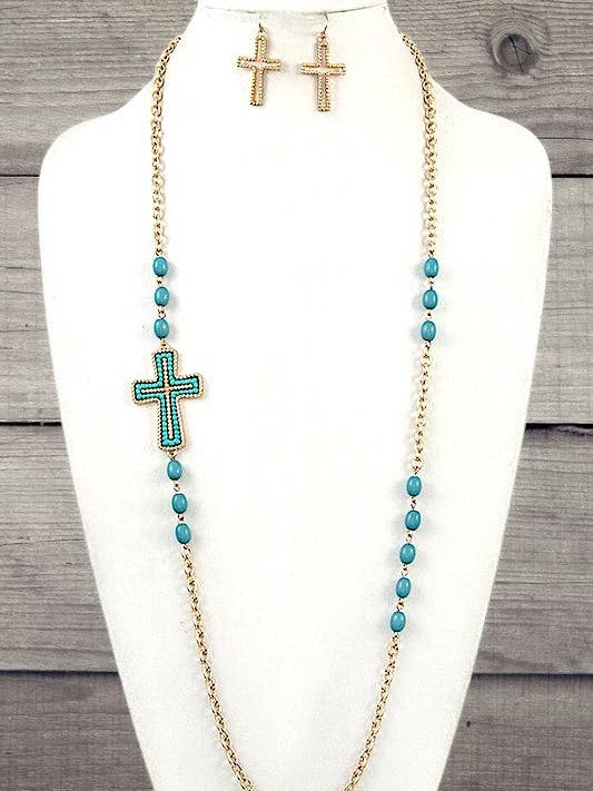 Beaded Cross Accent Long Necklace Set for wholesale by Andrea Bijoux