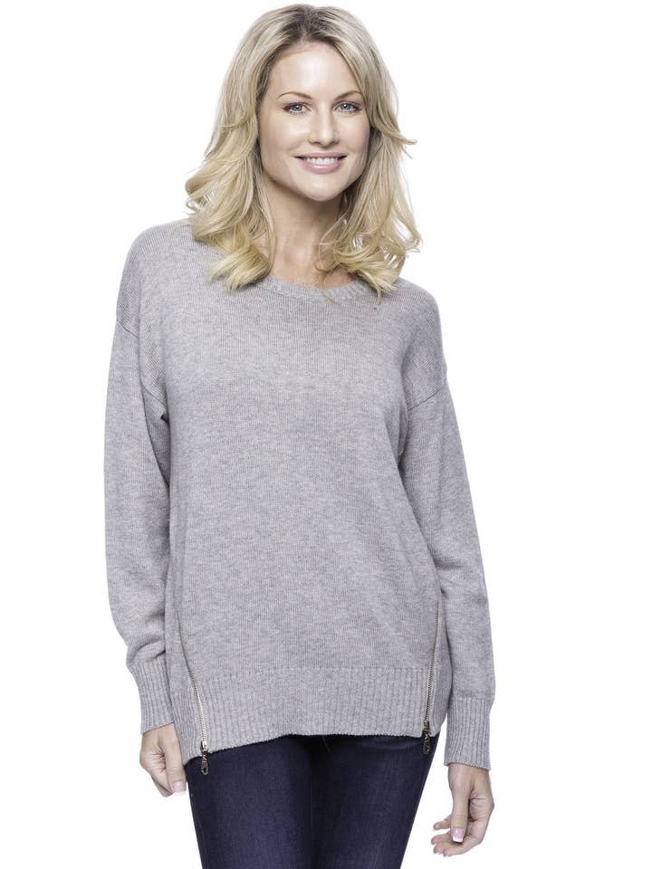 Cashmere Blend Crew Neck Sweater med Lynlås i siden - Lyng Grå for engroshandel hos Tocco Reale