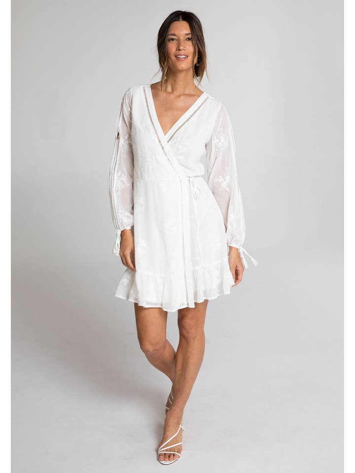 Lovestitch - Wholesale Dress - Women's - Sheer Chiffon Embroidered Long Sleeve Wrap Dress