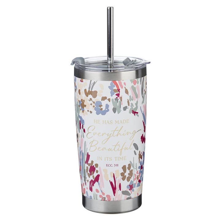 Tumbler w/straw SS Floral Everything Beautiful Ecc. 3:11 for wholesale by Christian Art Gifts