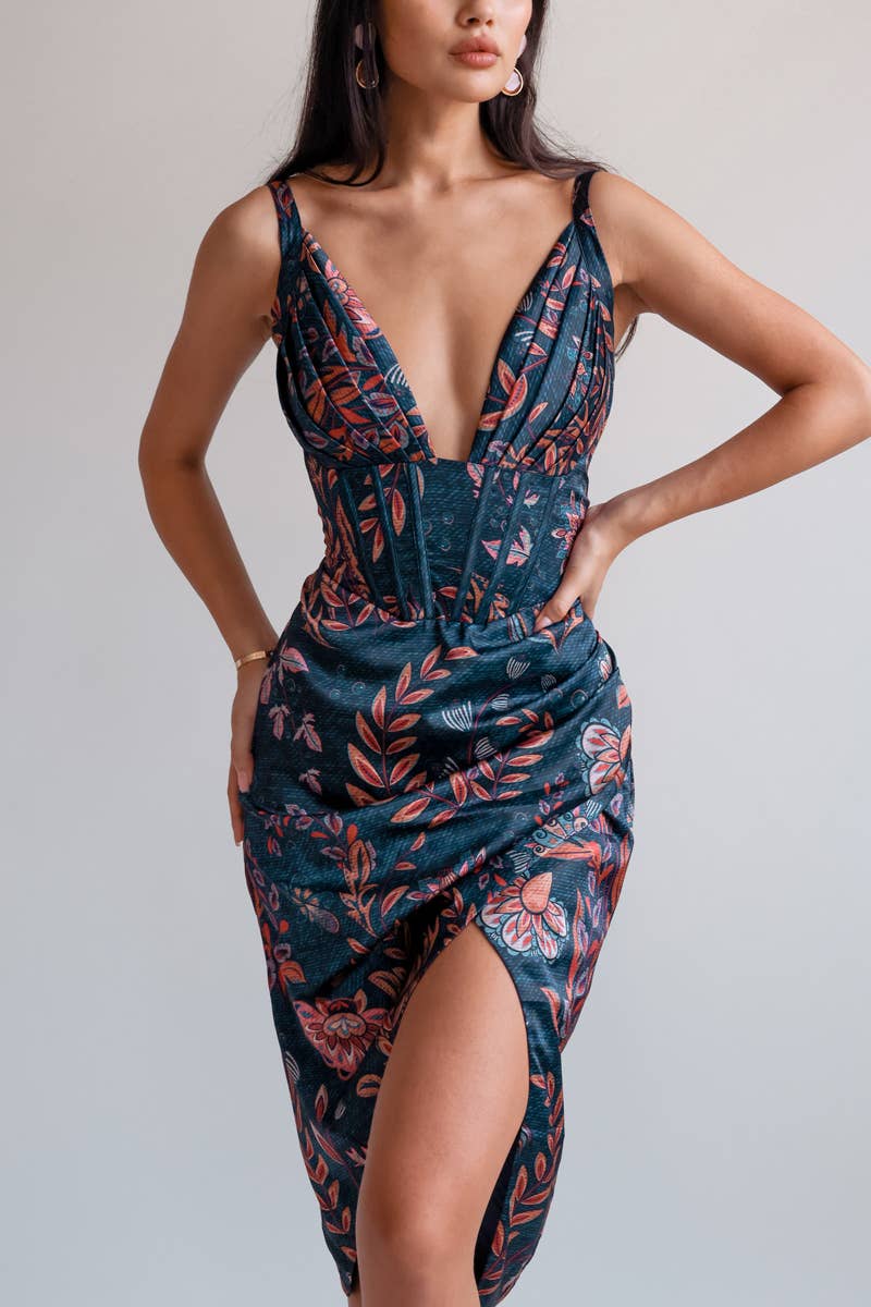 Imprimé fleuri sur bleu cobalt Robe midi drapée Halley en vente sur Faire6