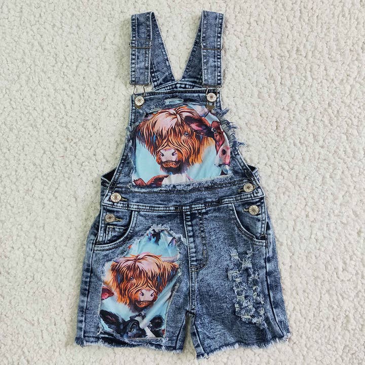 Aier Wholesale - Wholesale Overalls - Kids - Baby girls cow western denim summer shorts overalls