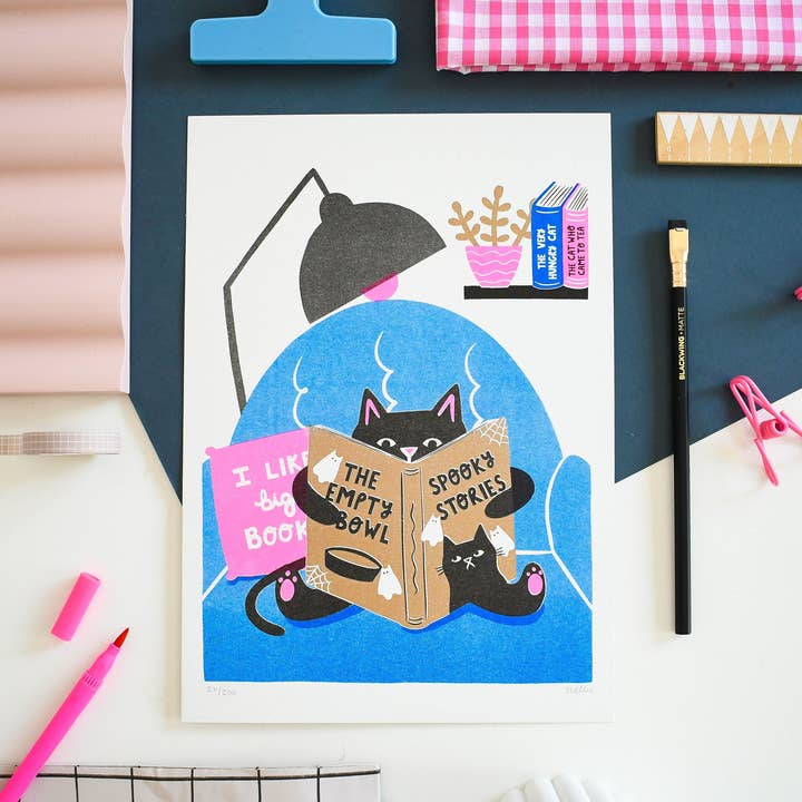 I Like Big Books, Spooky Stories – Heavyweight Riso Print for wholesale by Nat Ellis Illustration