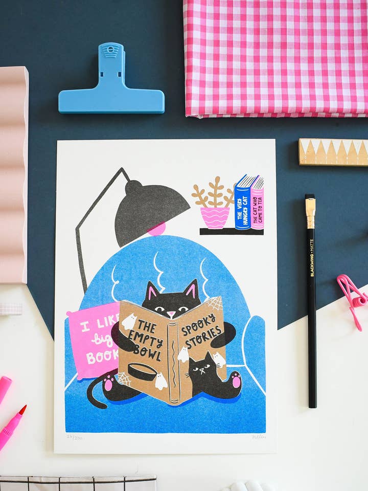 I Like Big Books, Spooky Stories – Heavyweight Riso Print for wholesale by Nat Ellis Illustration