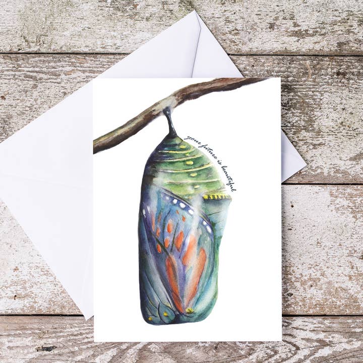 Chrysalis Monarch Butterfly Watercolor Folded Greeting Card for wholesale by Art Reflects Light