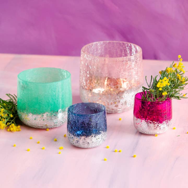 Glitterville Silver Crackle Candle Holder, St/4, Glass, 3.5" for wholesale by Glitterville