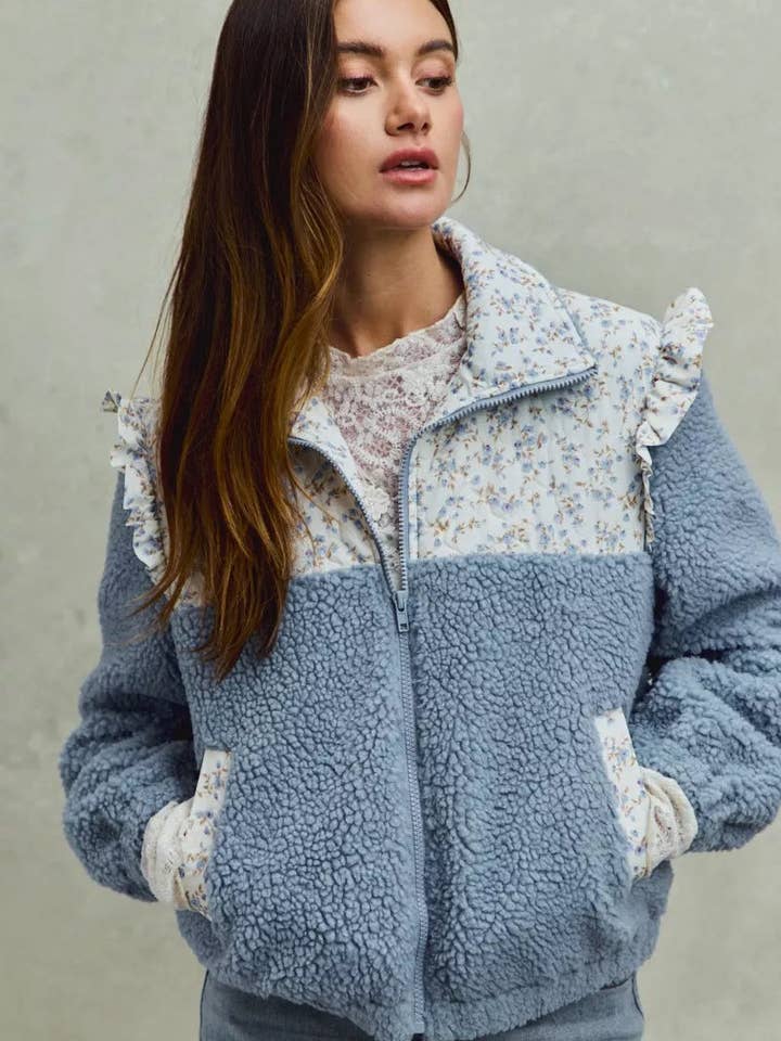 SO ME Faux Fur Sherpa Pull Jacket with Floral Contrast for wholesale by Lecatta Fashion