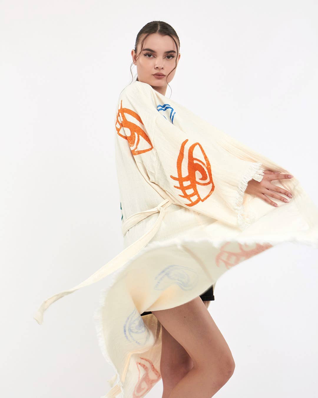 Yaz Concepts - Wholesale Kimono - Women's - Colorful Eye Print Bathrobe Festival Kimono Coverup White  8