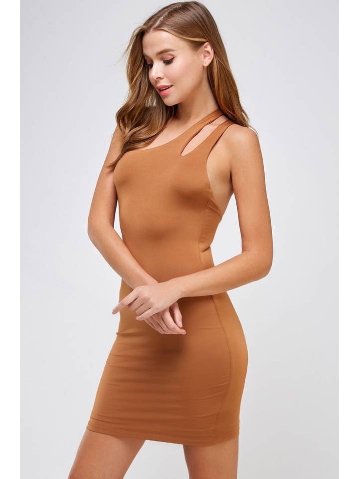 Makers of Dreams - Wholesale Dress - Women's - One Shoulder Open Back Cocktail Dress (Caramel)2