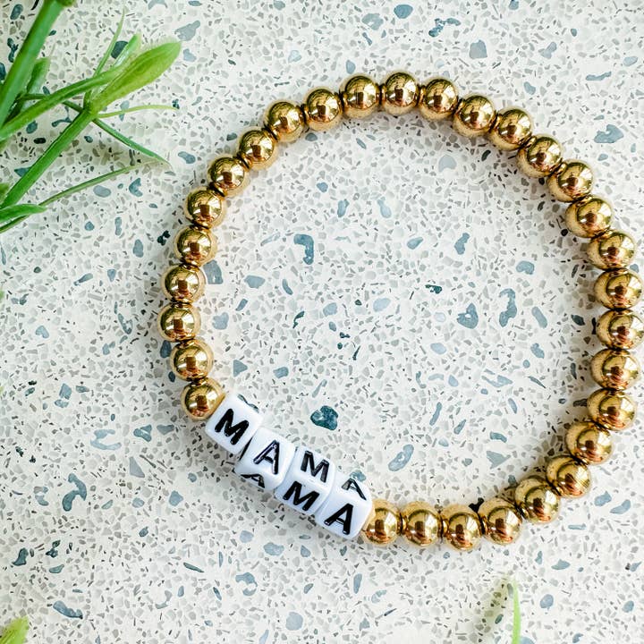 MAMA Bracelet, 6mm Gold Stainless Steel Beads, Meaningful for wholesale by Peach Tree & Co.