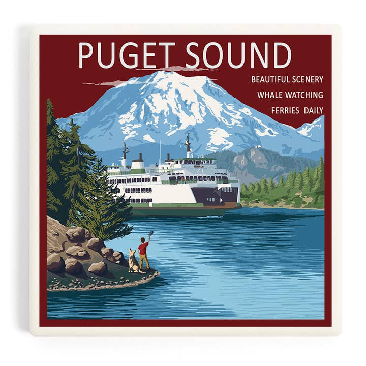 CERAMIC COASTER Puget Sound, Washington Ferry & Rainier for wholesale by Lantern Press