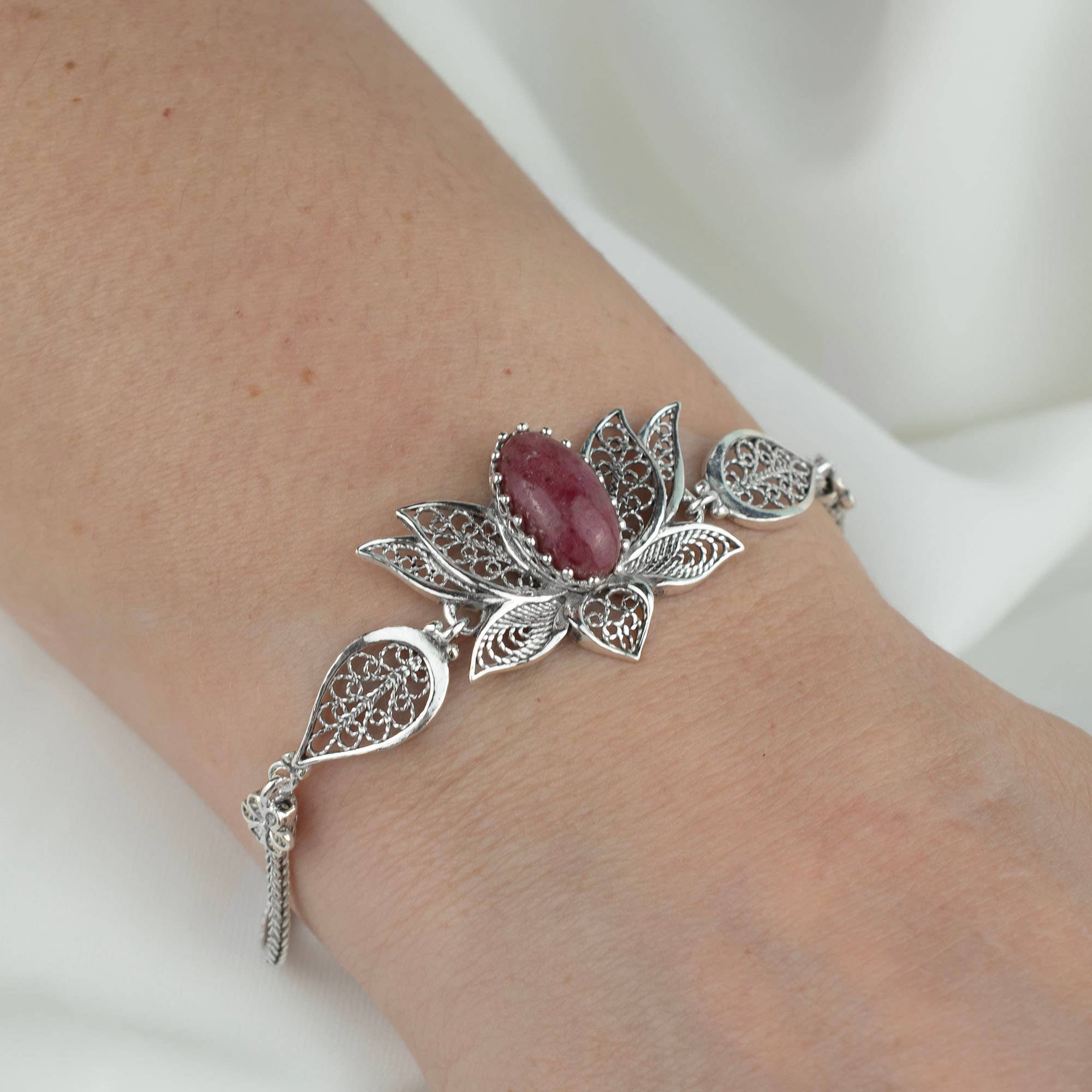 Filigranist Jewelry - Wholesale Link & Chain Bracelet - Multi Gemstone Women Silver Lotus Flower Link Bracelet17