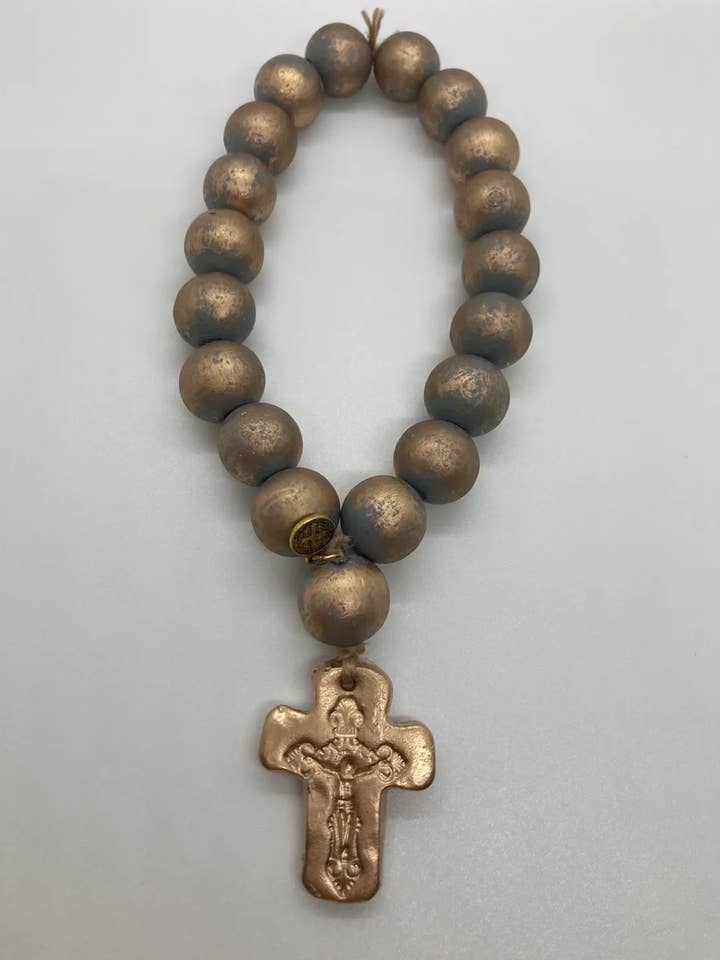 LULU Grey 19 (20mm) Wood Beads W/Small Clay Cross for wholesale by RKM Designs