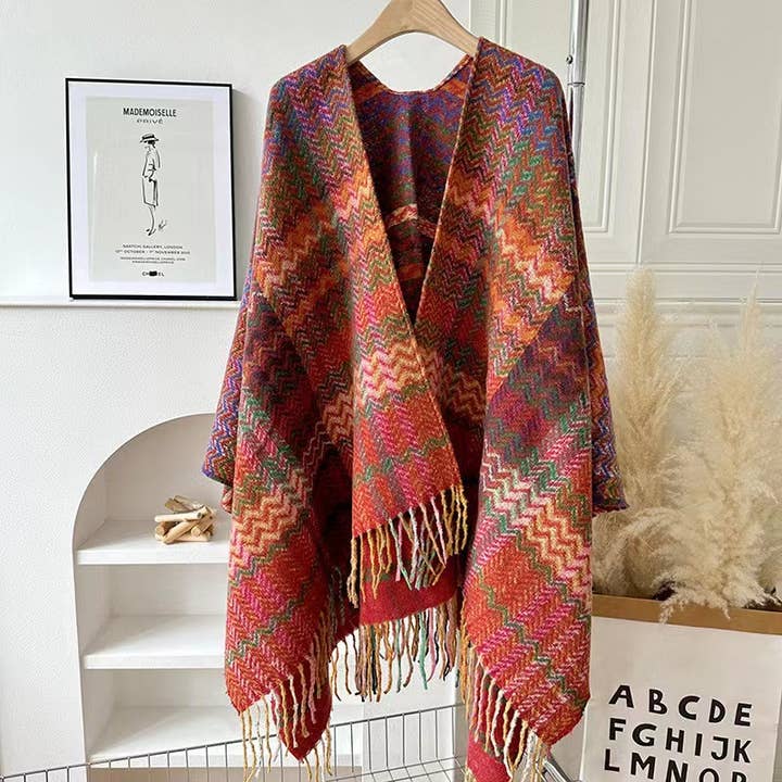 Rosa Clothing - Wholesale Wrap - Women's - Bohemia vintage plaid Thermal shawl with tassel