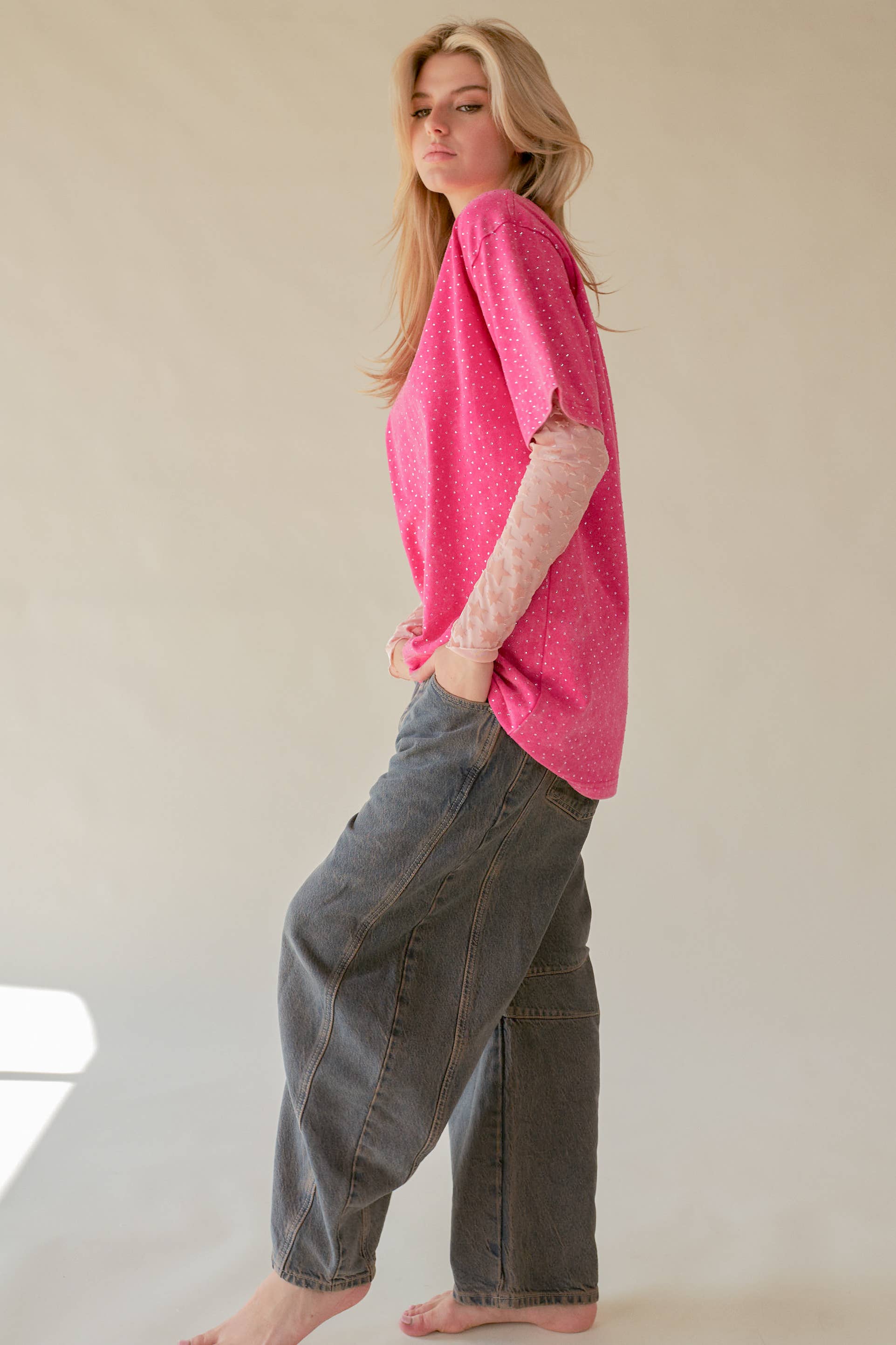 Davi & Dani – wholesale T-shirt (utan tryck) – Dam – GLITTER MÖNSTER KORTÄRMAD RUND HALS TOPP13