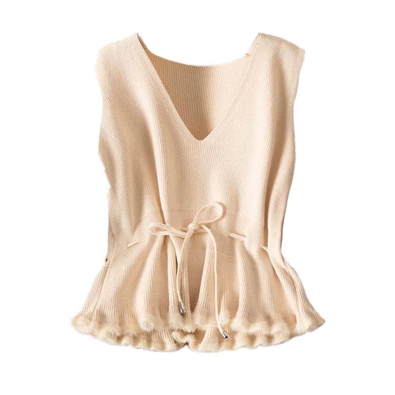 Sweetkama - Wholesale Knit Top - Women's - V-Neck Flounce Waist Tie Women Knit Vest 7773