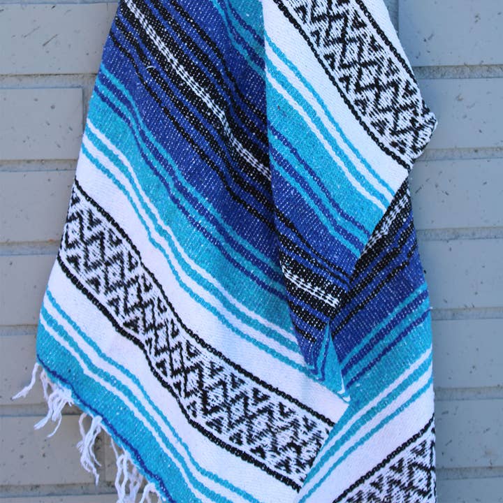 Cobalt & Light Blue Mexican Throw Blanket | Baja Beach Yoga for wholesale by California Seashell Company